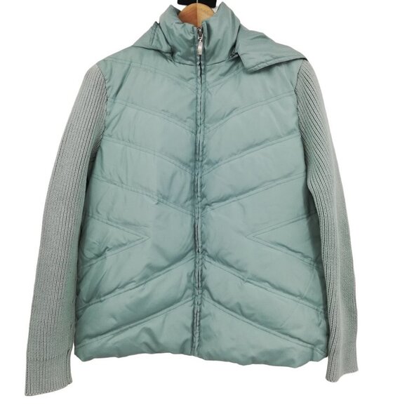 Vintage Maurices Goose Down Puffer Sweater Jacket Size L Blue Hood 90s Y2K - Picture 1 of 12